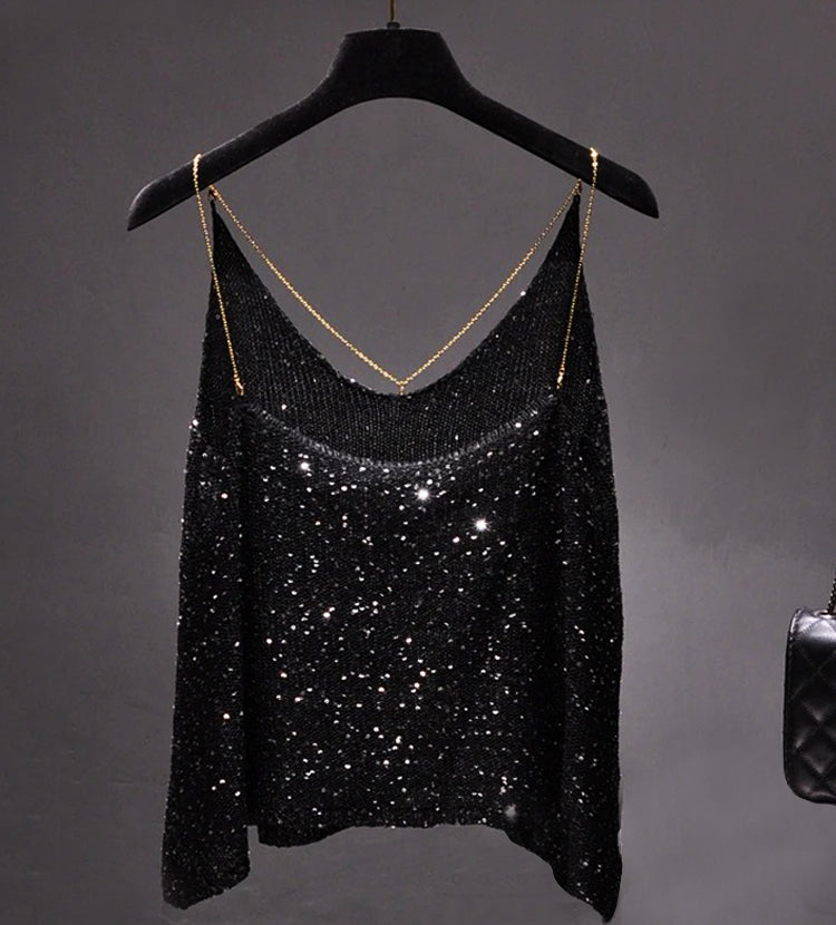 Glamour Glint Knit Tank Top with Accent Metal Chain