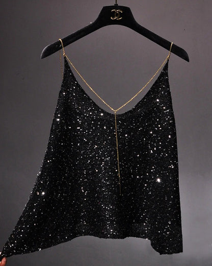 Glamour Glint Knit Tank Top with Accent Metal Chain