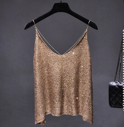 Glamour Glint Knit Tank Top with Accent Metal Chain