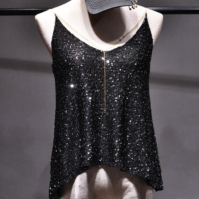 Glamour Glint Knit Tank Top with Accent Metal Chain