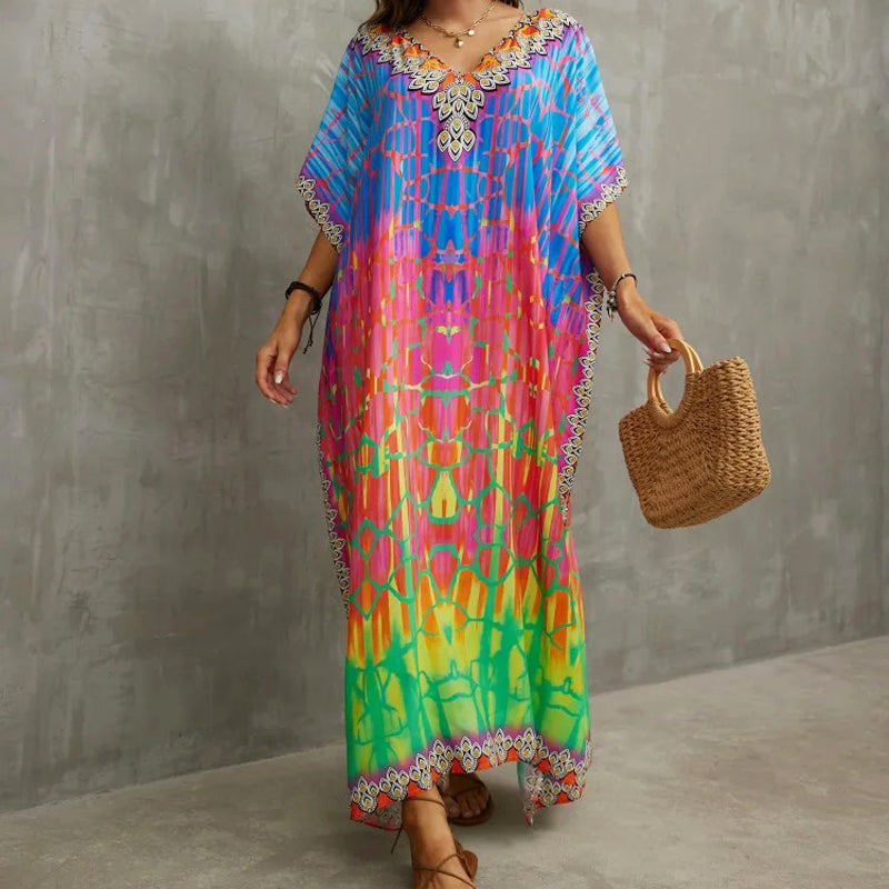 Sunset Hues Printed Kaftan Long Maxi Dress